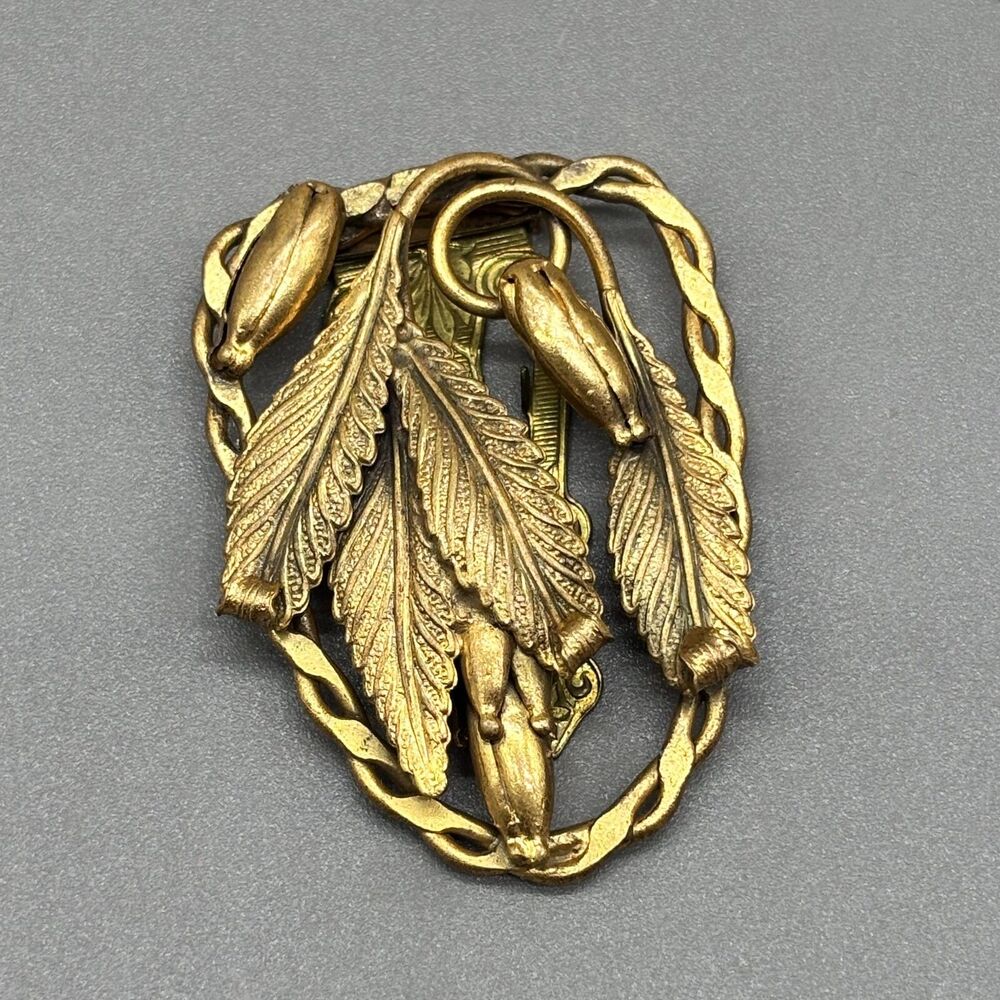Antique Brass Art Nouveau Sash Pin Cattail Leaf Motif Belt Buckle Dress Clip